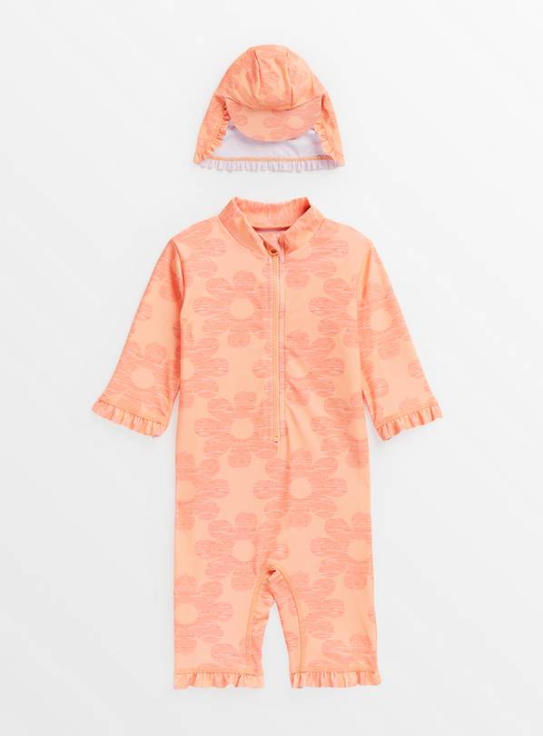 Peach Flower Print Sunsuit & Hat 9-12 months